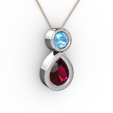 İkili Damla Kolye - Rodolit garnet ve akuamarin 925 ayar gümüş kolye (40 cm rose altın rolo zincir) #1ivv40n