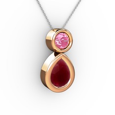 İkili Damla Kolye - Kök yakut ve pembe kuvars 14 ayar rose altın kolye (40 cm beyaz altın rolo zincir) #1jucbxr