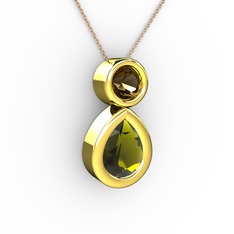 İkili Damla Kolye - Peridot ve dumanlı kuvars 14 ayar altın kolye (40 cm rose altın rolo zincir) #1k0mn2s
