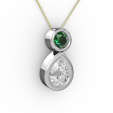 İkili Damla Kolye - Swarovski ve yeşil kuvars 14 ayar beyaz altın kolye (40 cm altın rolo zincir) #1kcut7k