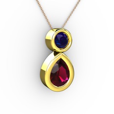 İkili Damla Kolye - Rodolit garnet ve lab safir 18 ayar altın kolye (40 cm rose altın rolo zincir) #1kdk77x