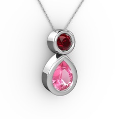 İkili Damla Kolye - Pembe kuvars ve garnet 18 ayar beyaz altın kolye (40 cm beyaz altın rolo zincir) #1kdlq3b