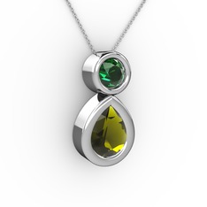 İkili Damla Kolye - Peridot ve yeşil kuvars 8 ayar beyaz altın kolye (40 cm beyaz altın rolo zincir) #1kjk36p