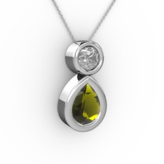 Peridot ve swarovski 18 ayar beyaz altın kolye (40 cm beyaz altın rolo zincir)