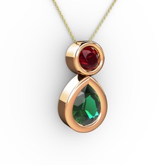 İkili Damla Kolye - Yeşil kuvars ve garnet 14 ayar rose altın kolye (40 cm altın rolo zincir) #1kndqzv