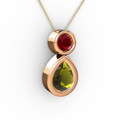 İkili Damla Kolye - Peridot ve kök yakut 8 ayar rose altın kolye (40 cm altın rolo zincir) #1knuu4f