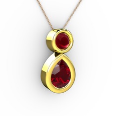 İkili Damla Kolye - Garnet ve kök yakut 14 ayar altın kolye (40 cm rose altın rolo zincir) #1l7pido