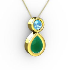 İkili Damla Kolye - Kök zümrüt ve akuamarin 18 ayar altın kolye (40 cm altın rolo zincir) #1ld006d