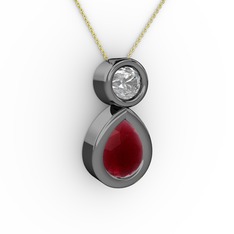 İkili Damla Kolye - Kök yakut ve swarovski 925 ayar siyah rodyum kaplama gümüş kolye (40 cm altın rolo zincir) #1lgda01