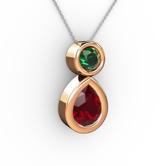İkili Damla Kolye - Garnet ve yeşil kuvars 18 ayar rose altın kolye (40 cm beyaz altın rolo zincir) #1lsjoly