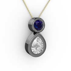 İkili Damla Kolye - Beyaz zirkon ve lab safir 925 ayar siyah rodyum kaplama gümüş kolye (40 cm altın rolo zincir) #1lx64fp