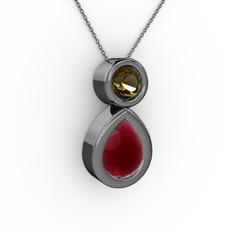 İkili Damla Kolye - Kök yakut ve dumanlı kuvars 925 ayar siyah rodyum kaplama gümüş kolye (40 cm gümüş rolo zincir) #1ly7kxi