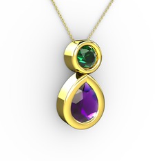İkili Damla Kolye - Ametist ve yeşil kuvars 925 ayar altın kaplama gümüş kolye (40 cm altın rolo zincir) #1m19mje