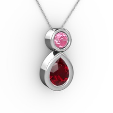 İkili Damla Kolye - Garnet ve pembe kuvars 14 ayar beyaz altın kolye (40 cm beyaz altın rolo zincir) #1mezuq