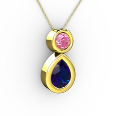 Lab safir ve pembe kuvars 925 ayar altın kaplama gümüş kolye (40 cm gümüş rolo zincir)