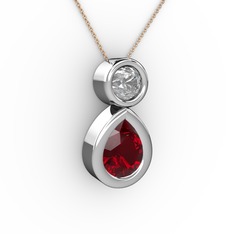 İkili Damla Kolye - Garnet ve beyaz zirkon 8 ayar beyaz altın kolye (40 cm gümüş rolo zincir) #1mtde4h