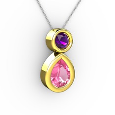 Pembe kuvars ve ametist 925 ayar altın kaplama gümüş kolye (40 cm gümüş rolo zincir)