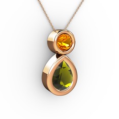 İkili Damla Kolye - Peridot ve sitrin 14 ayar rose altın kolye (40 cm rose altın rolo zincir) #1n59vkc