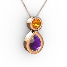 İkili Damla Kolye - Ametist ve sitrin 8 ayar rose altın kolye (40 cm rose altın rolo zincir) #1nkzufd