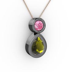 İkili Damla Kolye - Peridot ve pembe kuvars 925 ayar siyah rodyum kaplama gümüş kolye (40 cm rose altın rolo zincir) #1o5p4tq