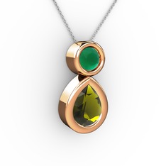 İkili Damla Kolye - Peridot ve kök zümrüt 14 ayar rose altın kolye (40 cm beyaz altın rolo zincir) #1ohmv0b