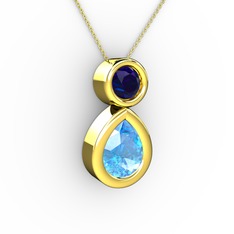 İkili Damla Kolye - Akuamarin ve lab safir 18 ayar altın kolye (40 cm altın rolo zincir) #1om3czi