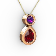 İkili Damla Kolye - Garnet ve ametist 8 ayar rose altın kolye (40 cm altın rolo zincir) #1omzpmb