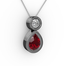 İkili Damla Kolye - Garnet ve beyaz zirkon 925 ayar siyah rodyum kaplama gümüş kolye (40 cm gümüş rolo zincir) #1osmyx9