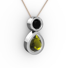 Peridot ve siyah zirkon 18 ayar beyaz altın kolye (40 cm rose altın rolo zincir)