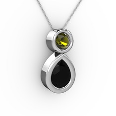 İkili Damla Kolye - Siyah zirkon ve peridot 925 ayar gümüş kolye (40 cm beyaz altın rolo zincir) #1p6akmz