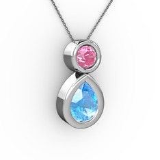 İkili Damla Kolye - Akuamarin ve pembe kuvars 18 ayar beyaz altın kolye (40 cm gümüş rolo zincir) #1p6zlwu