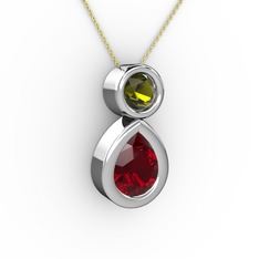 Garnet ve peridot 8 ayar beyaz altın kolye (40 cm altın rolo zincir)