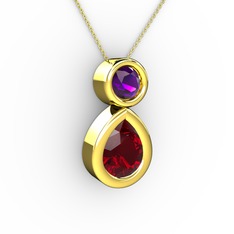 İkili Damla Kolye - Garnet ve ametist 14 ayar altın kolye (40 cm gümüş rolo zincir) #1pafpr5