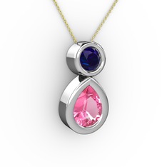 Pembe kuvars ve lab safir 18 ayar beyaz altın kolye (40 cm altın rolo zincir)
