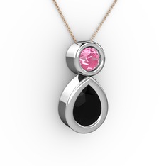 Siyah zirkon ve pembe kuvars 18 ayar beyaz altın kolye (40 cm rose altın rolo zincir)