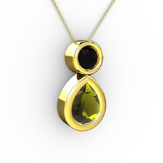 İkili Damla Kolye - Peridot ve siyah zirkon 14 ayar altın kolye (40 cm altın rolo zincir) #1px2lav