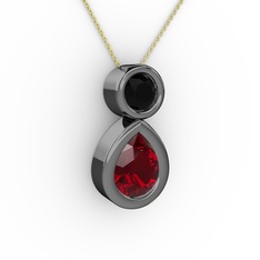 İkili Damla Kolye - Garnet ve siyah zirkon 925 ayar siyah rodyum kaplama gümüş kolye (40 cm altın rolo zincir) #1qeogm5