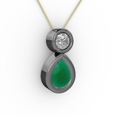 İkili Damla Kolye - Kök zümrüt ve pırlanta 925 ayar siyah rodyum kaplama gümüş kolye (0.5 karat, 40 cm altın rolo zincir) #1qflaa1