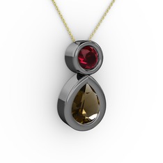 Dumanlı kuvars ve rodolit garnet 925 ayar siyah rodyum kaplama gümüş kolye (40 cm altın rolo zincir)