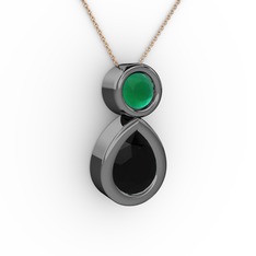 İkili Damla Kolye - Siyah zirkon ve kök zümrüt 925 ayar siyah rodyum kaplama gümüş kolye (40 cm rose altın rolo zincir) #1qikrri