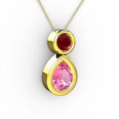 İkili Damla Kolye - Pembe kuvars ve kök yakut 925 ayar altın kaplama gümüş kolye (40 cm altın rolo zincir) #1qwrdvo