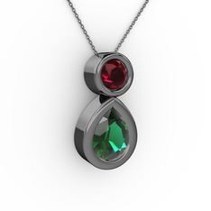 İkili Damla Kolye - Yeşil kuvars ve rodolit garnet 925 ayar siyah rodyum kaplama gümüş kolye (40 cm gümüş rolo zincir) #1r16sb5