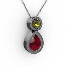 İkili Damla Kolye - Garnet ve peridot 925 ayar siyah rodyum kaplama gümüş kolye (40 cm gümüş rolo zincir) #1r239y7