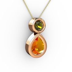 İkili Damla Kolye - Sitrin ve peridot 18 ayar rose altın kolye (40 cm altın rolo zincir) #1radzta