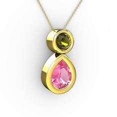 İkili Damla Kolye - Pembe kuvars ve peridot 925 ayar altın kaplama gümüş kolye (40 cm altın rolo zincir) #1rc1g8l