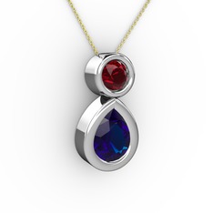 İkili Damla Kolye - Lab safir ve garnet 8 ayar beyaz altın kolye (40 cm altın rolo zincir) #1ru79pb