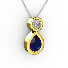 Lab safir ve beyaz zirkon 18 ayar altın kolye (40 cm beyaz altın rolo zincir)
