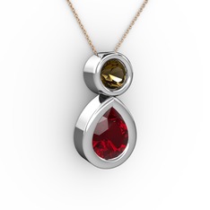 İkili Damla Kolye - Garnet ve dumanlı kuvars 8 ayar beyaz altın kolye (40 cm rose altın rolo zincir) #1sgfopx
