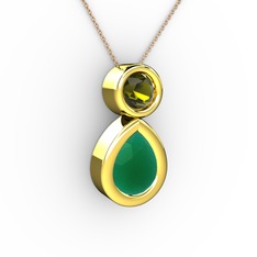 İkili Damla Kolye - Kök zümrüt ve peridot 18 ayar altın kolye (40 cm gümüş rolo zincir) #1t1km60