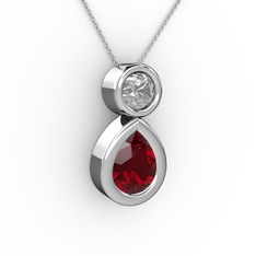 İkili Damla Kolye - Garnet ve swarovski 18 ayar beyaz altın kolye (40 cm beyaz altın rolo zincir) #1t2a15t